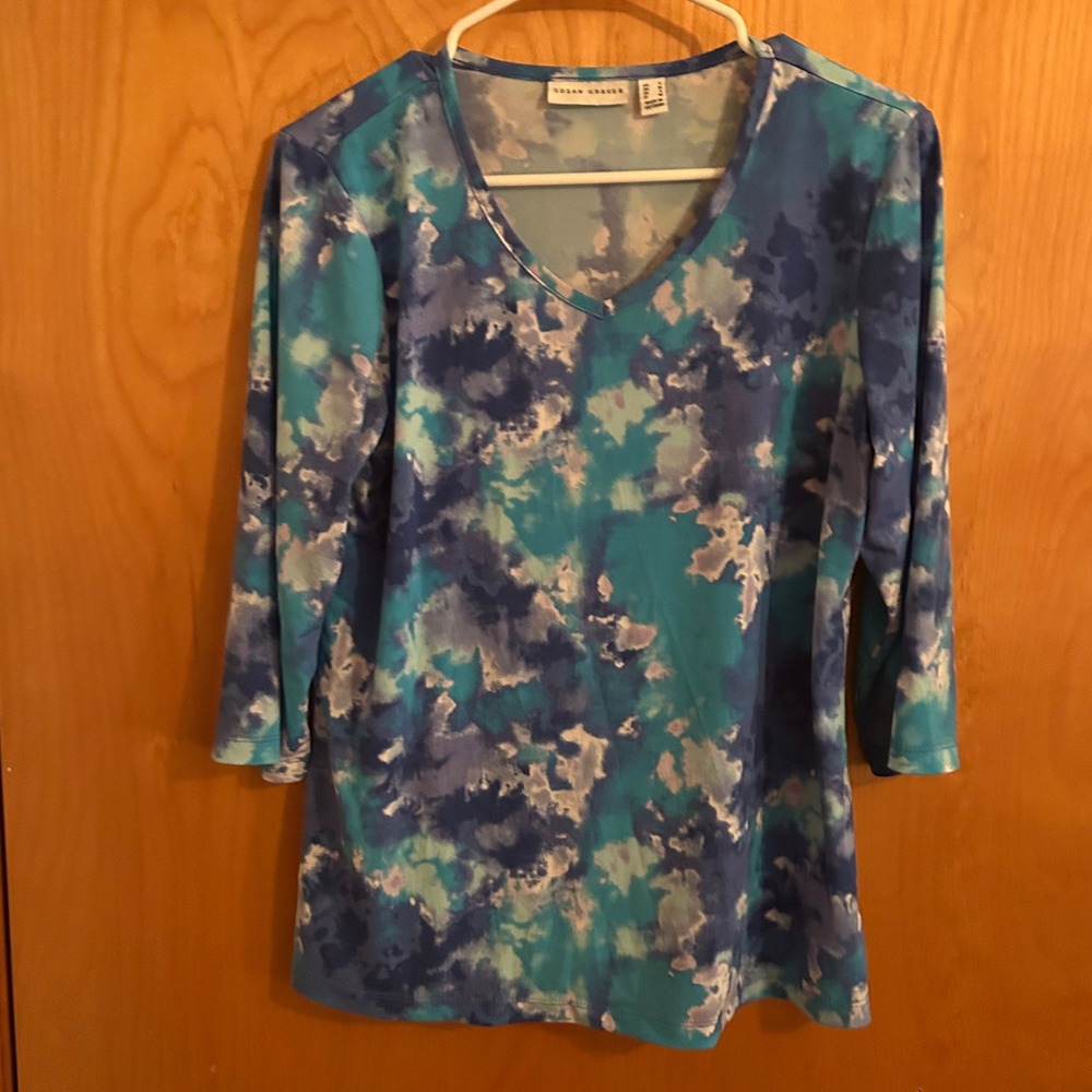 Susan Graver Blue Teal Abstract Cloud Print V-Neck 3/4 Sleeve Top Small